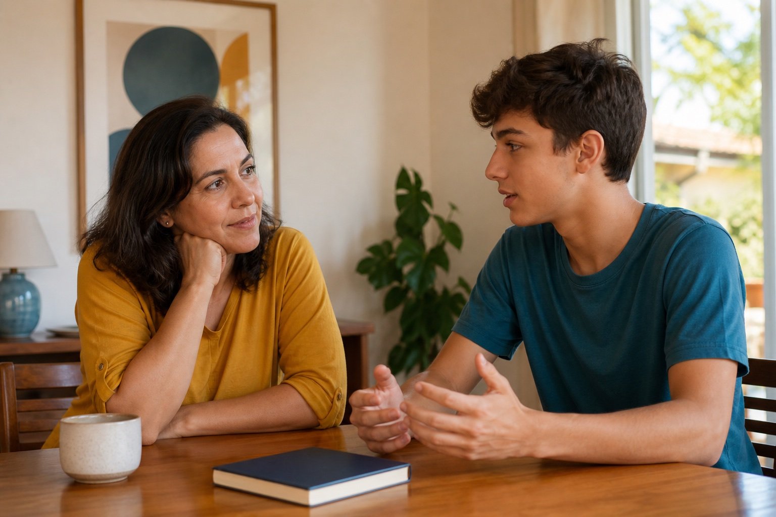 Mãe escutando o filho adolescente durante uma conversa acolhedora