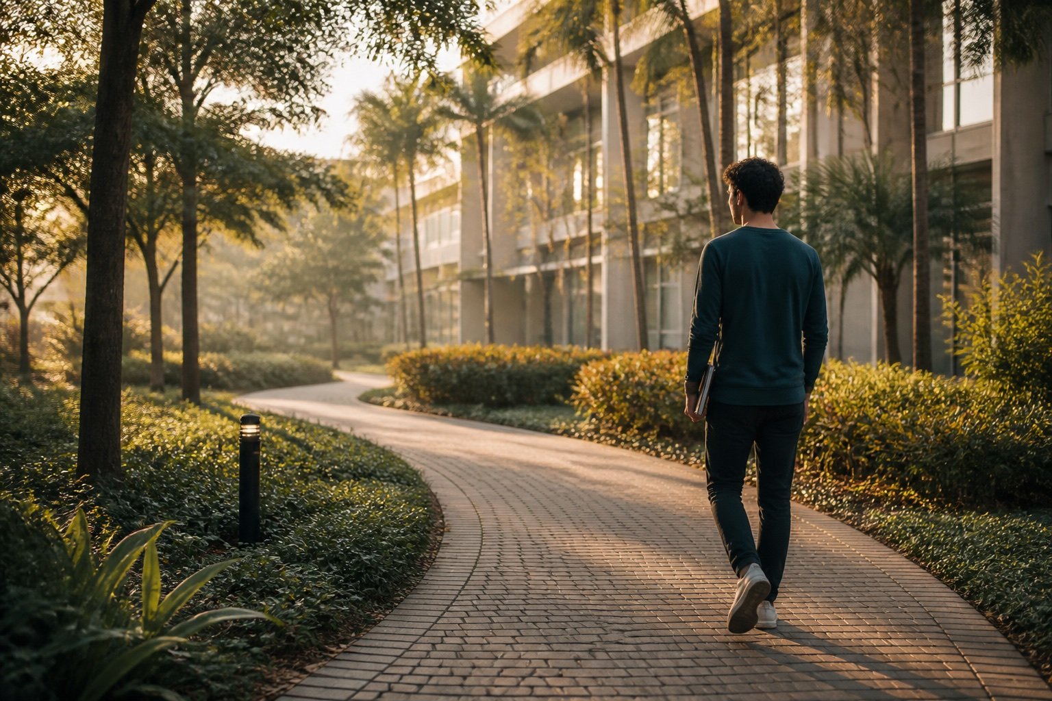 Jovem caminhando por um caminho curvo em direção a novas possibilidades